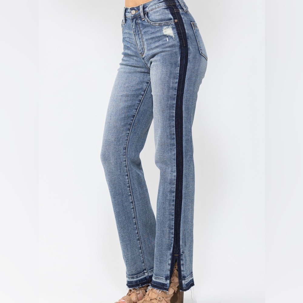 Judy Blue Side Detail High Waist Frayed Slit Hem Distressed Pockets Jeans, Sz 29